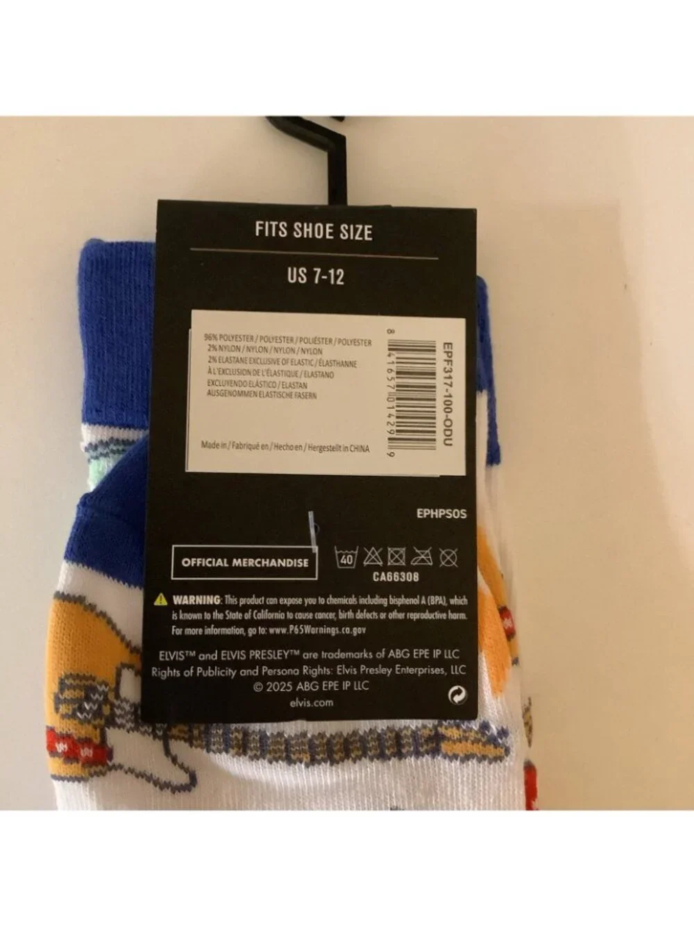 Elvis Presley Music Theme Novelty 1 Pair Crew Socks Adult US Shoe Size 7-12 NWT
